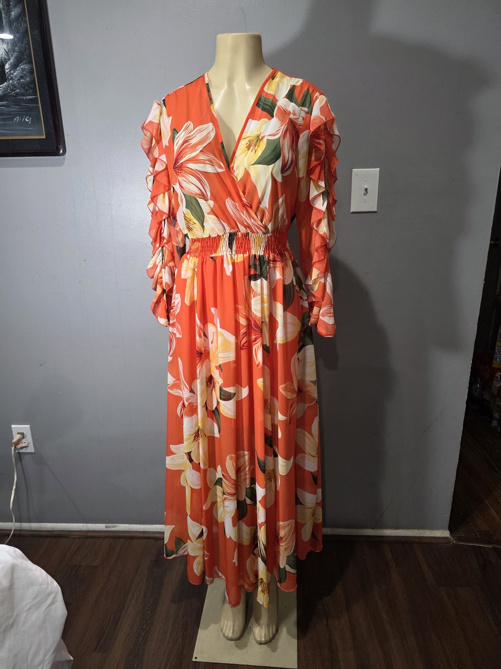 Tropical Orange Floral Maxi Dress with Ruffle Sleeves